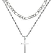 APSVO Layered Silver Cross Necklaces for Men Boys Stainless Steel Figaro Rope Pendant Chain Set Religious Christian Birthday First Communion Graduation Fathers Day Jewelry Gifts Teen Dad Him Kids
