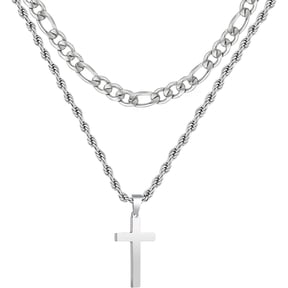 APSVO Layered Silver Cross Necklaces for Men Boys Stainless Steel Figaro Rope Pendant Chain Set Religious Christian Birthday First Communion Graduation Fathers Day Jewelry Gifts Teen Dad Him Kids