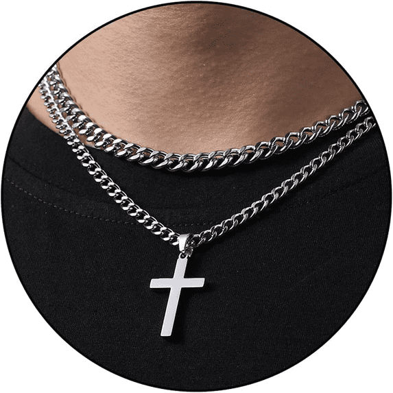 APSVO Layered Silver Plated Cross Necklaces for Men Stainless Steel Cuban Curb Link Pendant Chain Set Religious Christian Birthday Christmas Jewelry Gifts Teen Boys Stocking Stuffers Kids