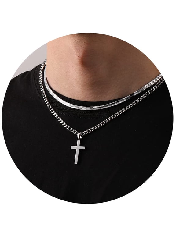 Layered Silver Plated Cross Necklaces for Men Stainless Steel Cuban Herringbone Pendant Chain Set Religious Christian Birthday Christmas Jewelry Gifts Teen Boys Stocking Stuffers Kids