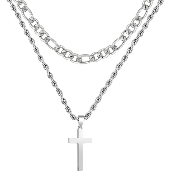 APSVO Layered Silver Plated Cross Necklaces for Men Stainless Steel Figaro Rope Pendant Chain Set Religious Christian Accessories Birthday Christmas Jewelry Gifts Teen Boys Stocking Stuffers Kids