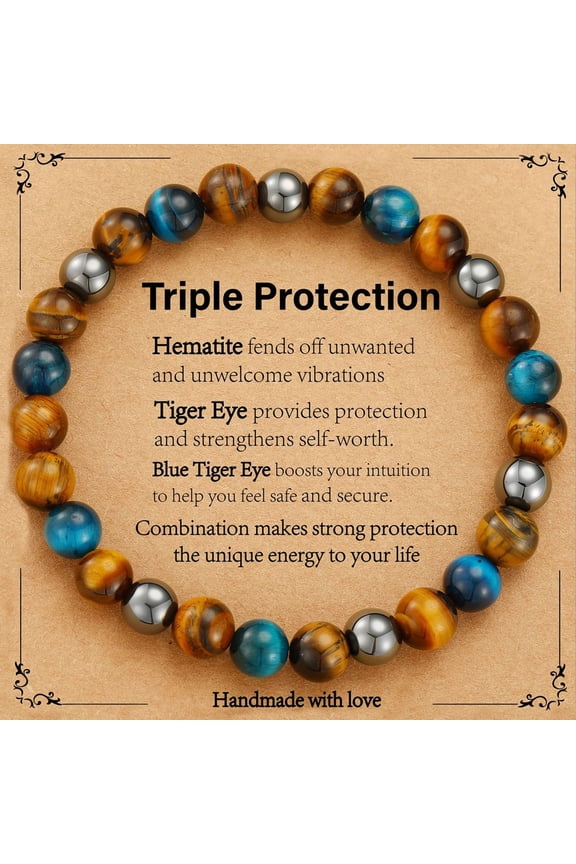 Natural Healing Crystal Bracelets for Men Triple Protection Energy Hematite Bule Tiger Eye Sobriety Bracelet Birthday Graduation Fathers Day Jewelry Gifts Teen Him Dad Adults Age Ideas