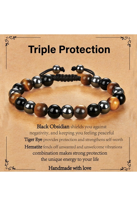 Natural Healing Crystal Bracelets for Men Triple Protection Energy Hematite Tiger Eye Black Obsidian Bracelet Birthday Graduation Fathers Day Jewelry Gifts Teen Him Dad Adults Age Ideas