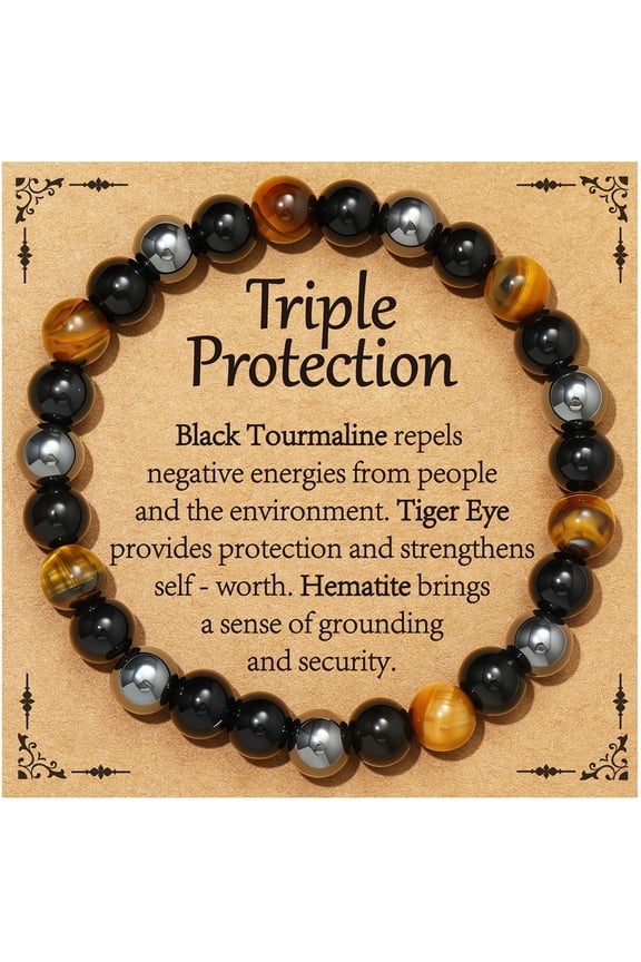 Natural Healing Crystal Bracelets for Women Triple Protection Energy Hematite Tiger Eye Black Tourmaline Bracelet Birthday Mothers Day Graduation Jewelry Gifts Teen Mom Her Ideas