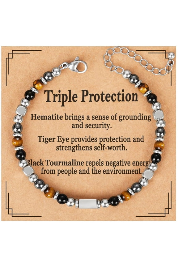Natural Healing Crystal Bracelets for Women Triple Protection Energy Hematite Tiger Eye Black Tourmaline Bracelet Birthday Mothers Day Graduation Jewelry Gifts Teen Mom Her Ideas