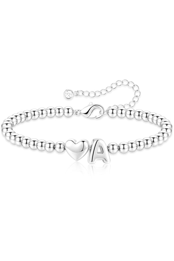S925 Sterling Silver Plated Love Heart Initial Beaded Bracelet for Women Letter A Bead Birthday Graduation Jewelry Gifts Teen Mom Her Girlfriend Daughter Wife Age Ideas