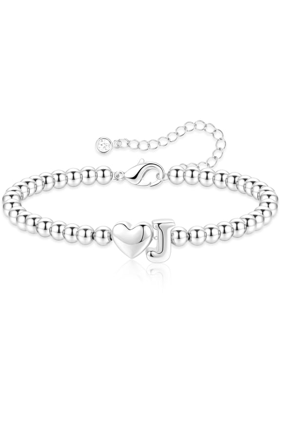 S925 Sterling Silver Plated Love Heart Initial Beaded Bracelet for Women Letter J Bead Birthday Graduation Jewelry Gifts Teen Mom Her Girlfriend Daughter Wife Age Ideas