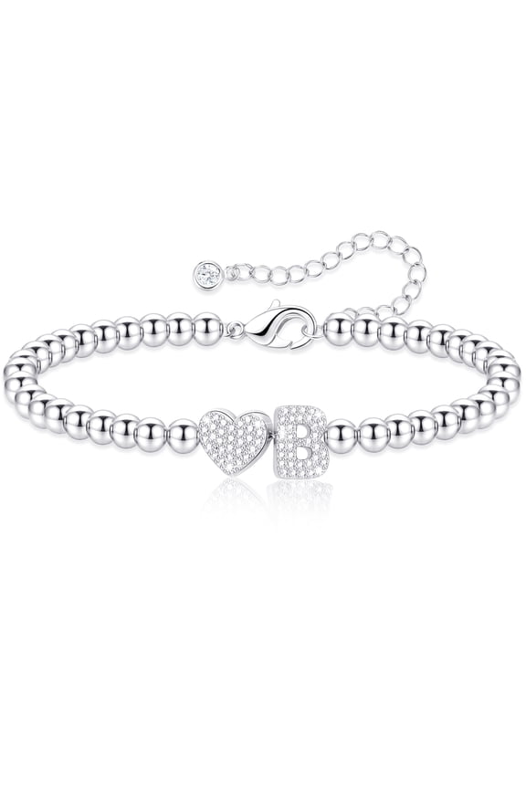 S925 Sterling Silver Plated Love Heart Initial Bracelet for Women Girls CZ Letter B Beaded Bracelet Birthday Graduation Jewelry Gifts Teen Mom Her Adults Wife Kids Age Ideas