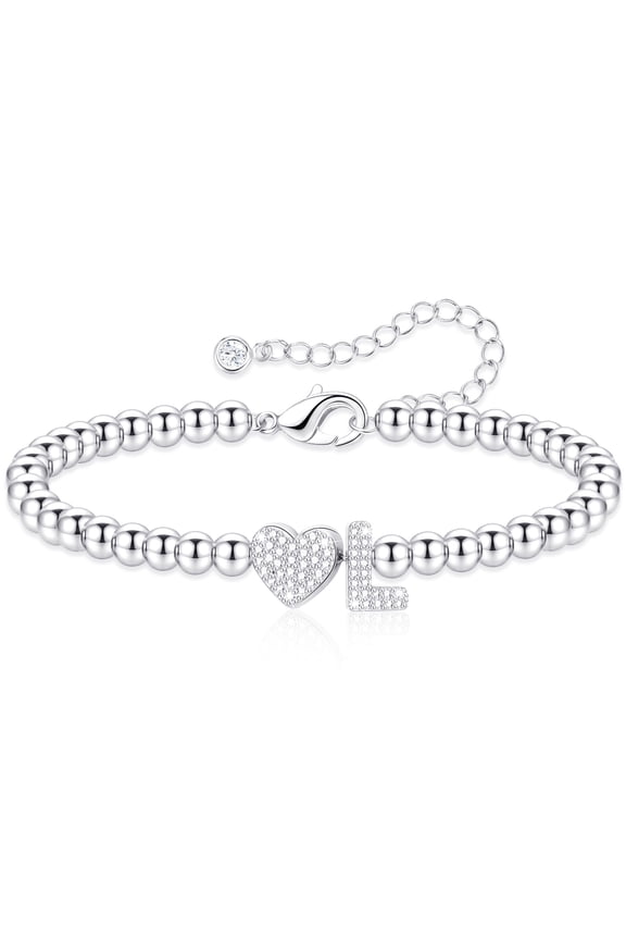 S925 Sterling Silver Plated Love Heart Initial Bracelet for Women Girls CZ Letter L Beaded Bracelet Birthday Graduation Jewelry Gifts Teen Mom Her Adults Wife Kids Age Ideas