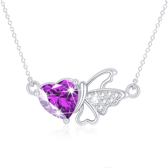 APSVO 925 Silver Plated Butterfly Love Heart Necklaces for Women February Birthstone Pendant with Purple Amethyst Birthday Christmas Jewelry Gifts Teen Girls Stocking Stuffers Kids