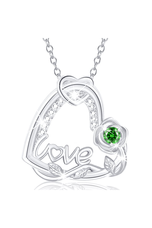 S925 Sterling Silver Plated Love Heart Rose Necklaces for Women May Birthstone Necklace with Green Emerald Birthday Graduation Jewelry Gifts Teen Her Mom Female Lady Adult Age Ideas