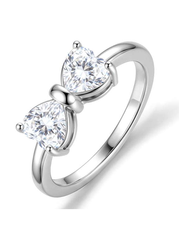 925 Silver Plated Moissanite Bow Love Heart Rings for Women Eternity Promise Band Engagement Wedding Birthday Christmas Jewelry Gifts Teen Girls Stocking Stuffers Kids Ideas