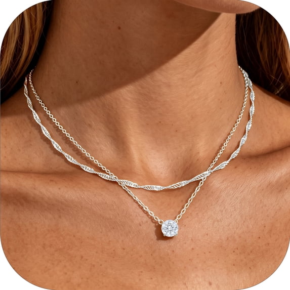 APSVO 925 Silver Plated Necklaces for Women CZ Layered Stackable Solitaire Pendant Chain Choker Set Birthday Christmas Jewelry Gifts Teen Stocking Stuffers Adults