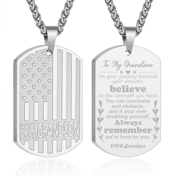 APSVO Silver Dog Tag Necklaces for Boys Men to My Grandson Gifts from Grandpa American Flag Pendant Chain Catholic Christian Religious Birthday Valentines Day Jewelry Gifts Teen Him Tween Kids Ideas