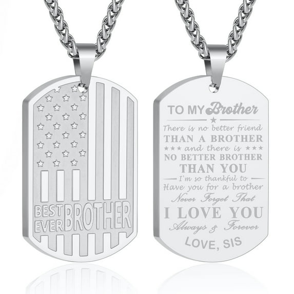APSVO Silver Dog Tag Necklaces for Men Boys to My Brother Gifts from Sister American Flag Pendant Chain Religious Birthday Valentines Day Jewelry Gifts Teen Him Tween Preteen Adults Kids Age Ideas