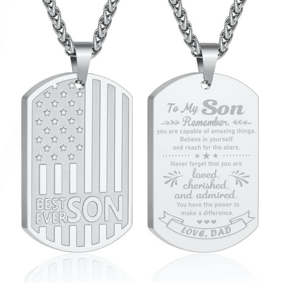 APSVO Silver Dog Tag Necklaces for Men Boys to My Son Gifts from Dad American Flag Pendant Chain Catholic Christian Religious Birthday Valentines Day Jewelry Gifts Teen Him Tween Kids Age Ideas