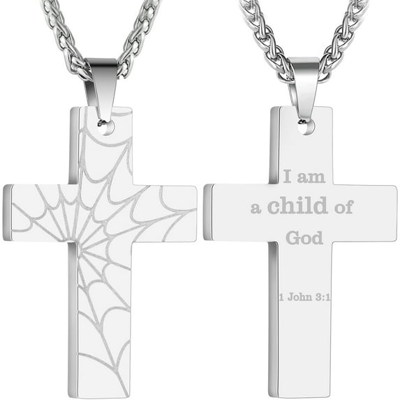 APSVO Silver Cross Necklace for Men Son Boyfriend Stainless Steel Spider Web Bible Verse Pendant 18 In Chain 1st Communion Confirmation Baptism Religious Christian Christmas Jewelry Gift