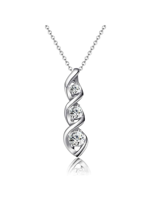 S925 Sterling Silver Plated Cubic Zirconia Necklace for Women Dainty Simple 3 Stones Twisted Women Necklaces Pendant Chain Bridesmaid Graduation Mothers Day Jewelry Gifts Mom