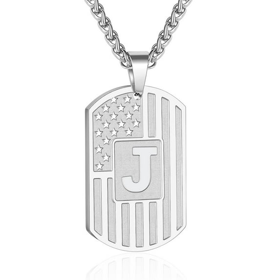 APSVO Silver Initial Necklaces for Men Boys Stainless Steel American Flag Dog Tag Letter J Pendent Chain Birthday Easter Basket Stuffers Jewelry Gifts Teen Husband Him Adult Male Son Kids Age Ideas
