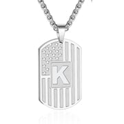 APSVO Silver Initial Necklaces for Men Boys Stainless Steel American Flag Dog Tag Letter K Pendent Chain Birthday Graduation Fathers Day Jewelry Gifts Teen Him Dad Husband Adult Son Kids Age Ideas