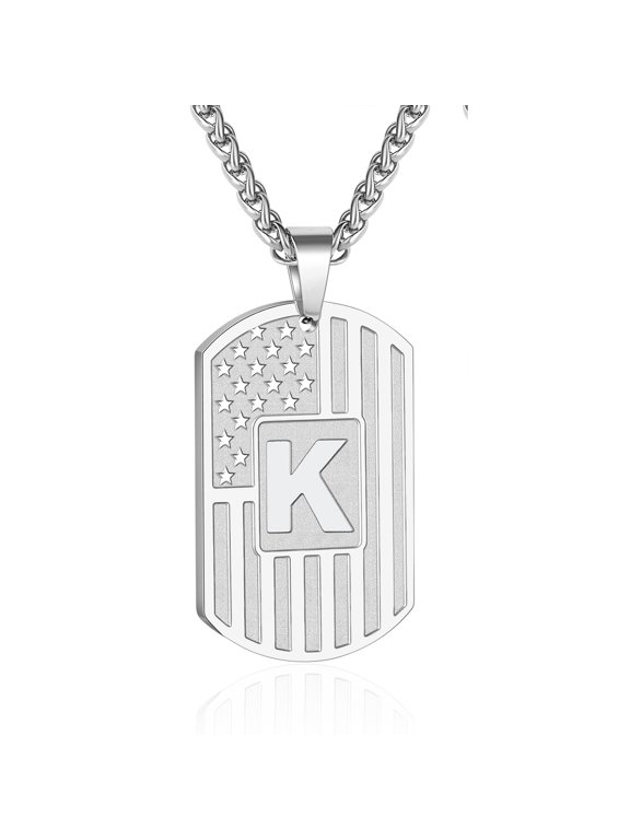 Silver Plated Initial Necklaces for Men Stainless Steel American Flag Dog Tag Letter K Pendent Chain Statement Birthday Christmas Jewelry Gifts Teen Boys Stocking Stuffers Kids
