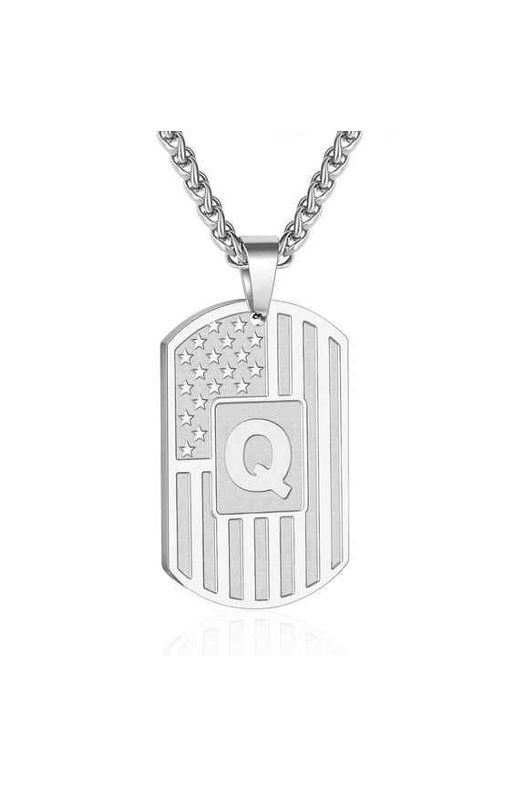 Silver Initial Necklaces for Men Boys Stainless Steel American Flag Dog Tag Letter Q Pendent Chain Birthday Valentines Day Jewelry Gifts Teen Boyfriend Husband Him Adult Male Son Kids Age Ideas