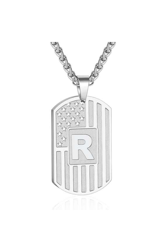 Silver Initial Necklaces for Men Boys Stainless Steel American Flag Dog Tag Letter R Pendent Chain Birthday Graduation Fathers Day Jewelry Gifts Teen Him Dad Husband Adult Son Kids Age Ideas