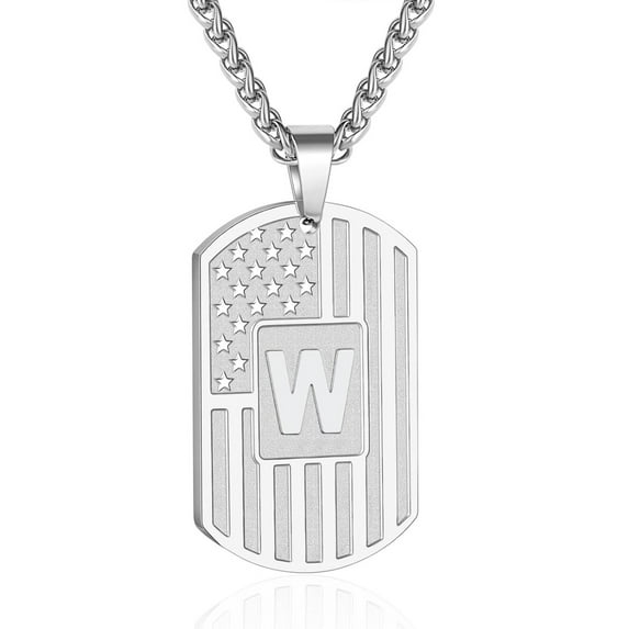APSVO Silver Initial Necklaces for Men Boys Stainless Steel American Flag Dog Tag Letter W Pendent Chain Birthday Valentines Day Jewelry Gifts Teen Boyfriend Husband Him Adult Male Son Kids Age Ideas