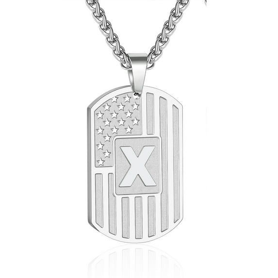 APSVO Silver Initial Necklaces for Men Boys Stainless Steel American Flag Dog Tag Letter X Pendent Chain Birthday Valentines Day Jewelry Gifts Teen Boyfriend Husband Him Adult Male Son Kids Age Ideas