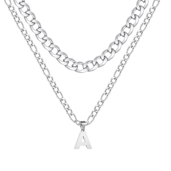 APSVO Silver Initial Necklaces for Men Stainless Steel Cuban Figaro Letter A Pendent Chain Set Birthday Graduation Fathers Day Jewelry Gifts Teen Him Dad Boyfriend Husband Adults Son Tween Age Ideas
