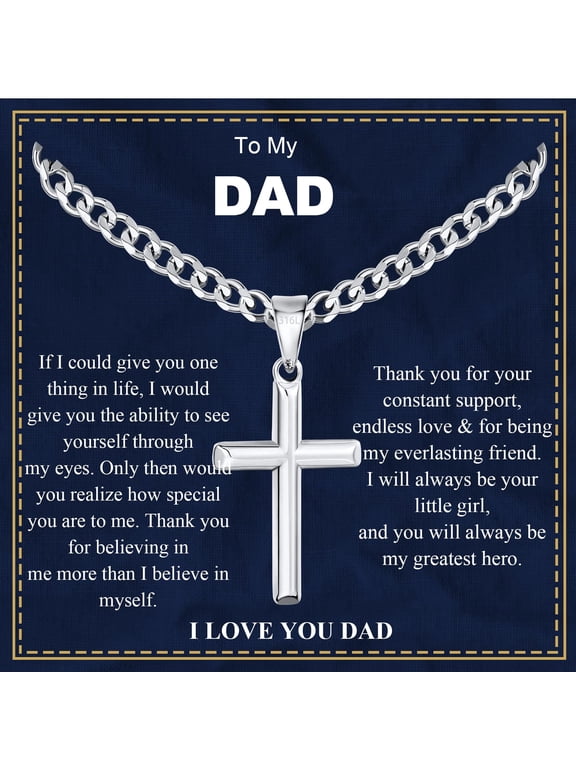 Silver Plated Cross Necklace for Men to My Dad Gifts from Daughter Stainless Steel Cross Pendant Chain Religious Christian Catholic Birthday Christmas Jewelry Gifts Dad Stocking Stuffers Adults
