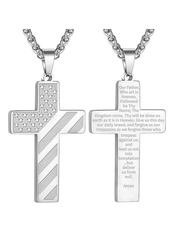 Silver Plated Cross Necklaces for Men 316L Stainless Steel American Flag Pendant Chain Catholic Christian Religious Stuff Birthday Christmas Jewelry Gifts Teen Boys Stocking Stuffers Kids