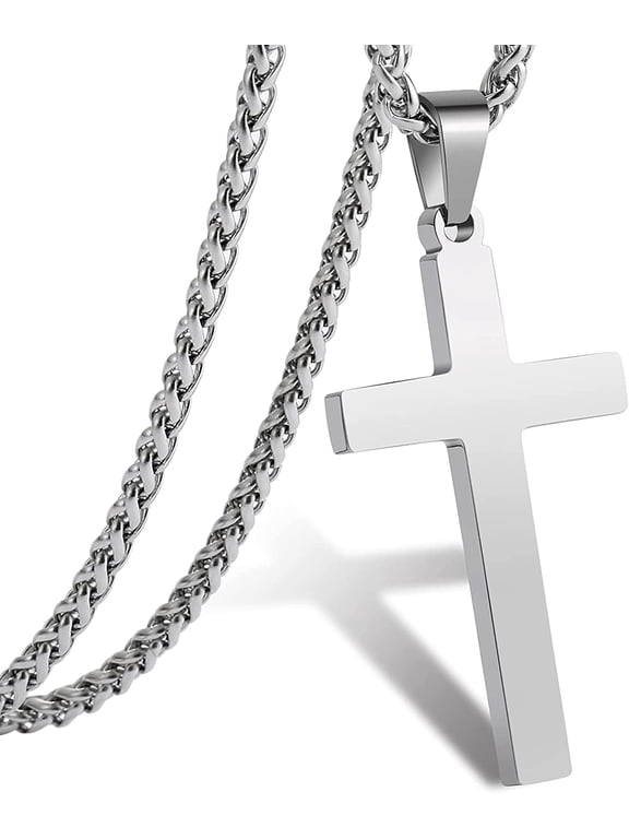 Silver Plated Cross Necklaces for Men 316L Stainless Steel Cross Pendant Chain Christian Religious Stuff Accessories Birthday Christmas Jewelry Gifts Teen Boys Stocking Stuffers Kids 24 Inch