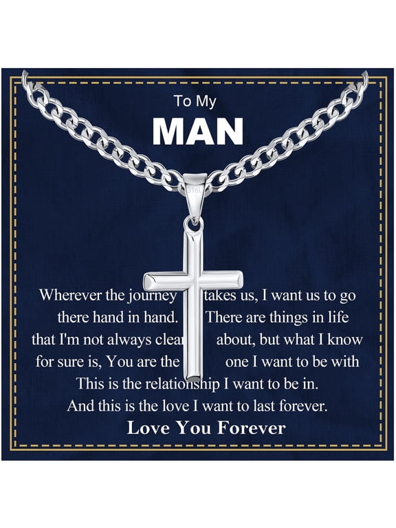 Silver Plated Cross Necklaces for Men to My Man Gifts from Girlfriend Stainless Steel Cross Pendant Chain Religious Christian Birthday Christmas Jewelry Gifts Boyfriend Stocking Stuffers Adults