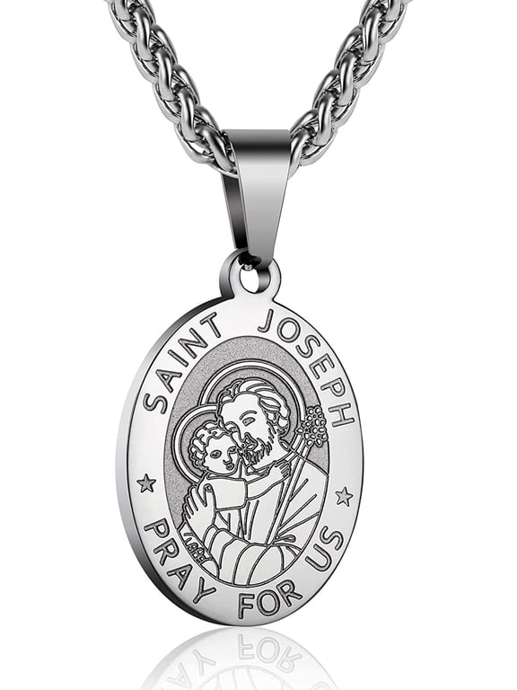 Silver Plated Saint St Joseph Necklaces for Men Stainless Steel Medal Pendant Chain Christian Religious Catholic Birthday Christmas Jewelry Gifts Teen Boys Stocking Stuffers Kids