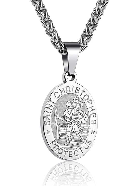 Silver Saint St Christopher Necklaces for Men Boys Stainless Steel Medal Pendant Chain Christian Religious Catholic Birthday First Communion Graduation Fathers Day Jewelry Gifts Teen Dad Kid