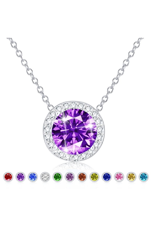 S925 Sterling Silver Plated Round Necklaces for Women Girls CZ February Birthstone Pendant with Purple Amethyst Birthday Graduation Jewelry Gifts Teen Her Mom Adults Girlfriend Kids