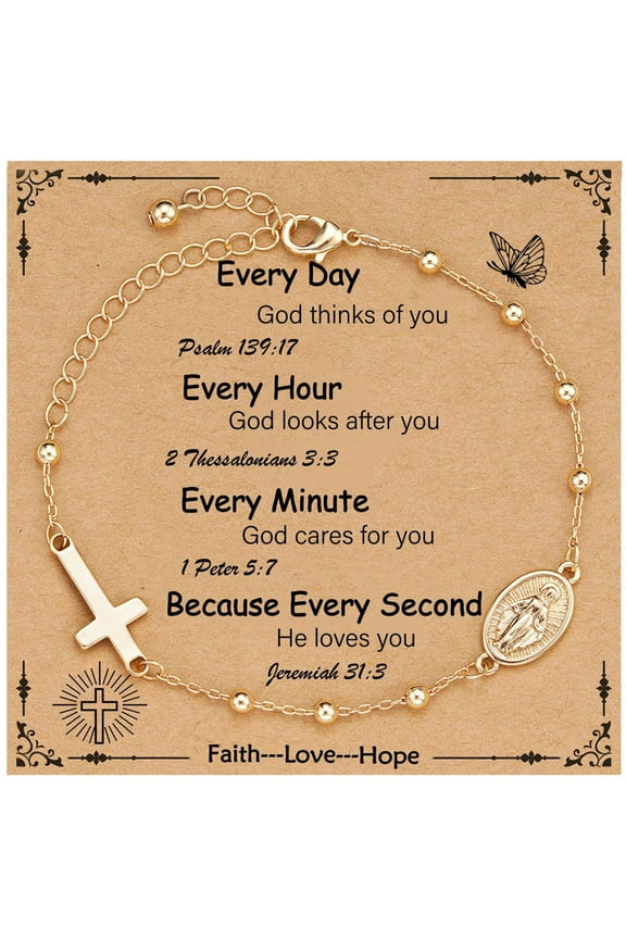 Gold Rosary Beads Virgin Mary Cross Charm Bracelet for Women Kids Girls Teen Daughter Granddaughter Mom Wife Girlfriend Stuff Christian Catholic Religious Jewelry Gifts for Women Girls Age
