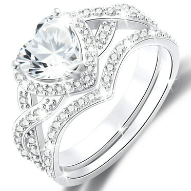 APSVO 18K White Gold Plated Love Heart Wedding Rings for Women CZ S925 Sterling Silver Eternity Promise Band Engagement Rings Set Birthday Valentines Jewelry Gifts Her Girlfriend Wife Adults Ideas