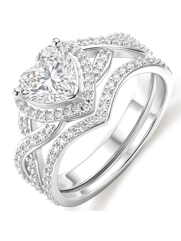 S925 Sterling Silver Plated Love Heart Wedding Rings for Women Stackable CZ Eternity Promise Band Engagement Rings Set Birthday Jewelry Gifts Adults Ideas