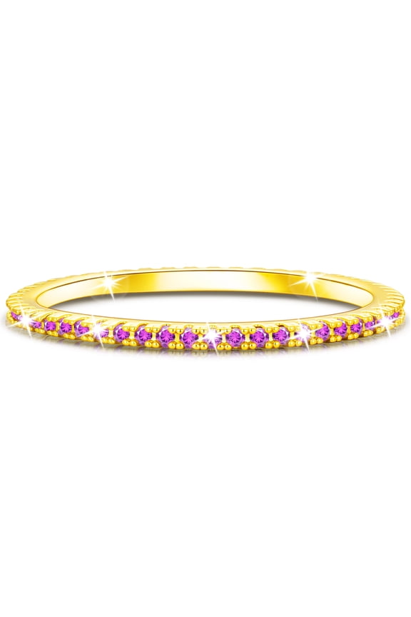 18K Gold Plated Rings for Women Girls Non Tarnish CZ February Birthstone Ring with Purple Amethyst Eternity Promise Band Wedding Birthday Graduation Jewelry Gifts Teen Mom Kids