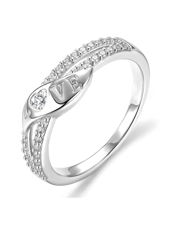 925 Silver Plated Love Heart Rings for Women Stackable CZ Eternity Promise Band Wedding Engagement Birthday Christmas Jewelry Gifts Girlfriend Stocking Stuffers Adults Ideas