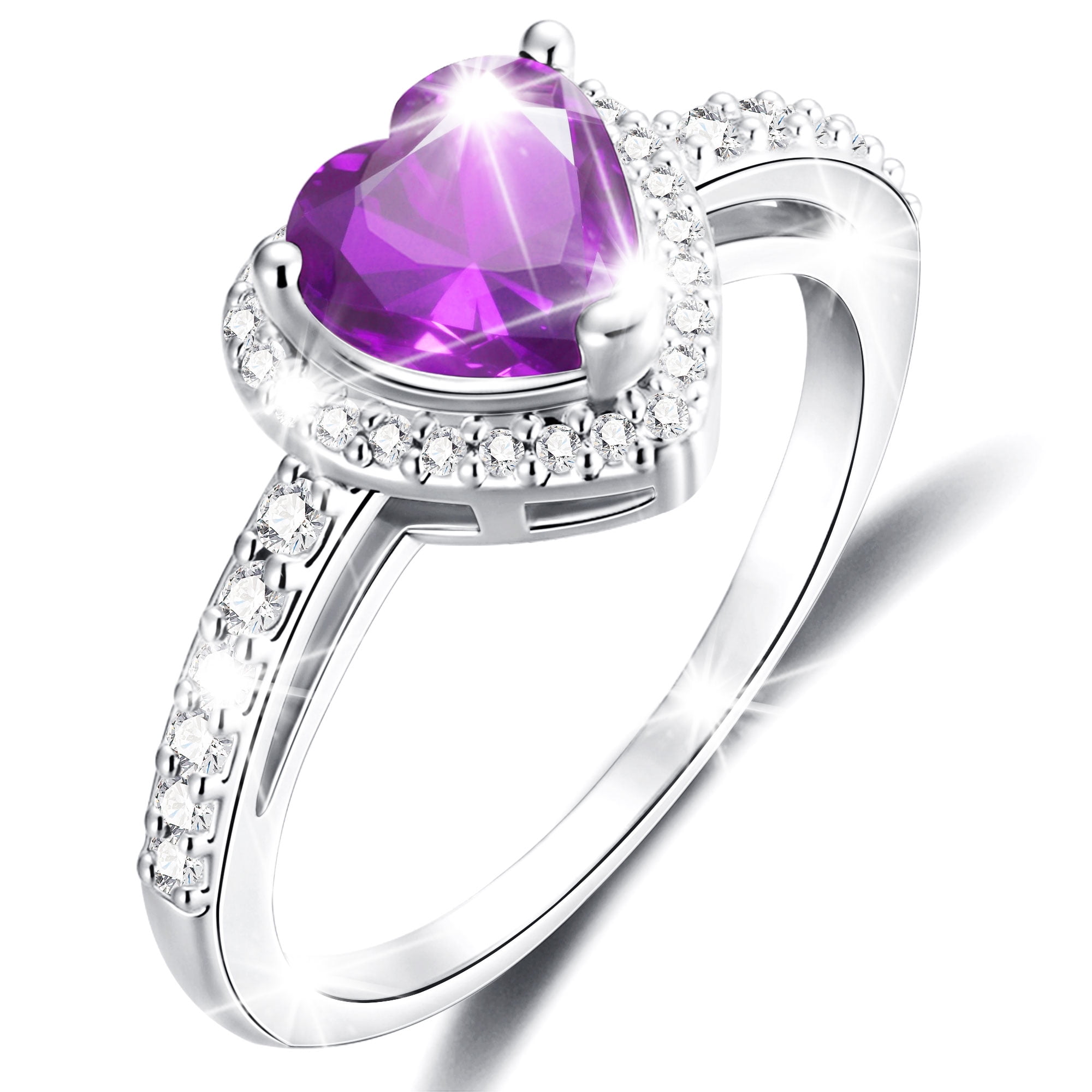 APSVO Love Heart Rings for Women Girls S925 Sterling Silver CZ February Birthstone Ring with Purple Amethyst Promise Band Wedding Birthday Christmas Jewelry Gifts Teen Adults Stocking Stuffers Kids