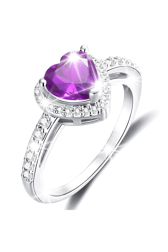 S925 Sterling Silver Plated Love Heart Rings for Women Girls CZ February Birthstone Ring with Purple Amethyst Promise Band Wedding Birthday Easter Basket Stuffers Jewelry Gifts Teen Kids
