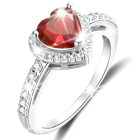 APSVO Love Heart Rings for Women Girls S925 Sterling Silver CZ January Birthstone Ring with Red Garnet Eternity Promise Band Wedding Birthday Christmas Jewelry Gifts Teen Adult Stocking Stuffers Kids