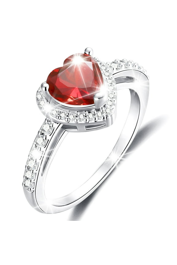 Love Heart Rings for Women Girls S925 Sterling Silver CZ January Birthstone Ring with Red Garnet Eternity Promise Band Wedding Birthday Valentines Day Jewelry Gifts Teen Her Adults Kids Ideas