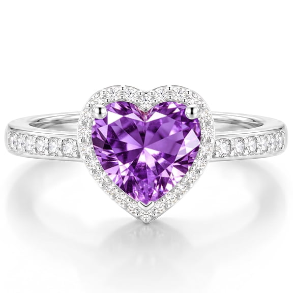 APSVO 925 Silver Plated Love Heart Rings for Women CZ June Birthstone Ring with Purple Alexandrite Eternity Promise Band Engagement Wedding Birthday Jewelry Gifts Teen Girls Stocking Stuffers Kids