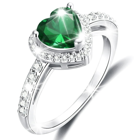 APSVO Love Heart Rings for Women Girls S925 Sterling Silver CZ May Birthstone Ring with Green Emerald Eternity Promise Band Wedding Birthday Valentines Day Jewelry Gifts Teen Her Adults Kids Ideas