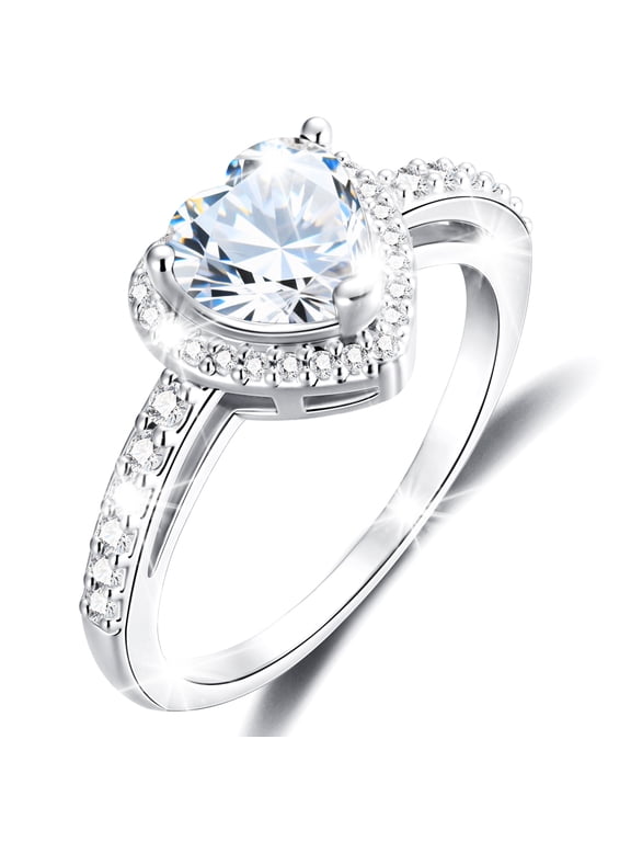 S925 Silver Plated Love Heart Rings for Women April Birthstone Ring with CZ Eternity Promise Band Engagement Wedding Birthday Jewelry Gifts Teen Girls Stocking Stuffers Kids