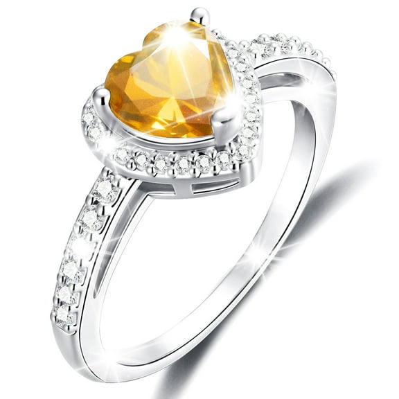 APSVO Love Heart Rings for Women Girls S925 Sterling Silver CZ November Birthstone Ring with Yellow Citrine Topaz Promise Band Wedding Birthday Valentines Day Jewelry Gifts Teen Her Adults Kids Ideas